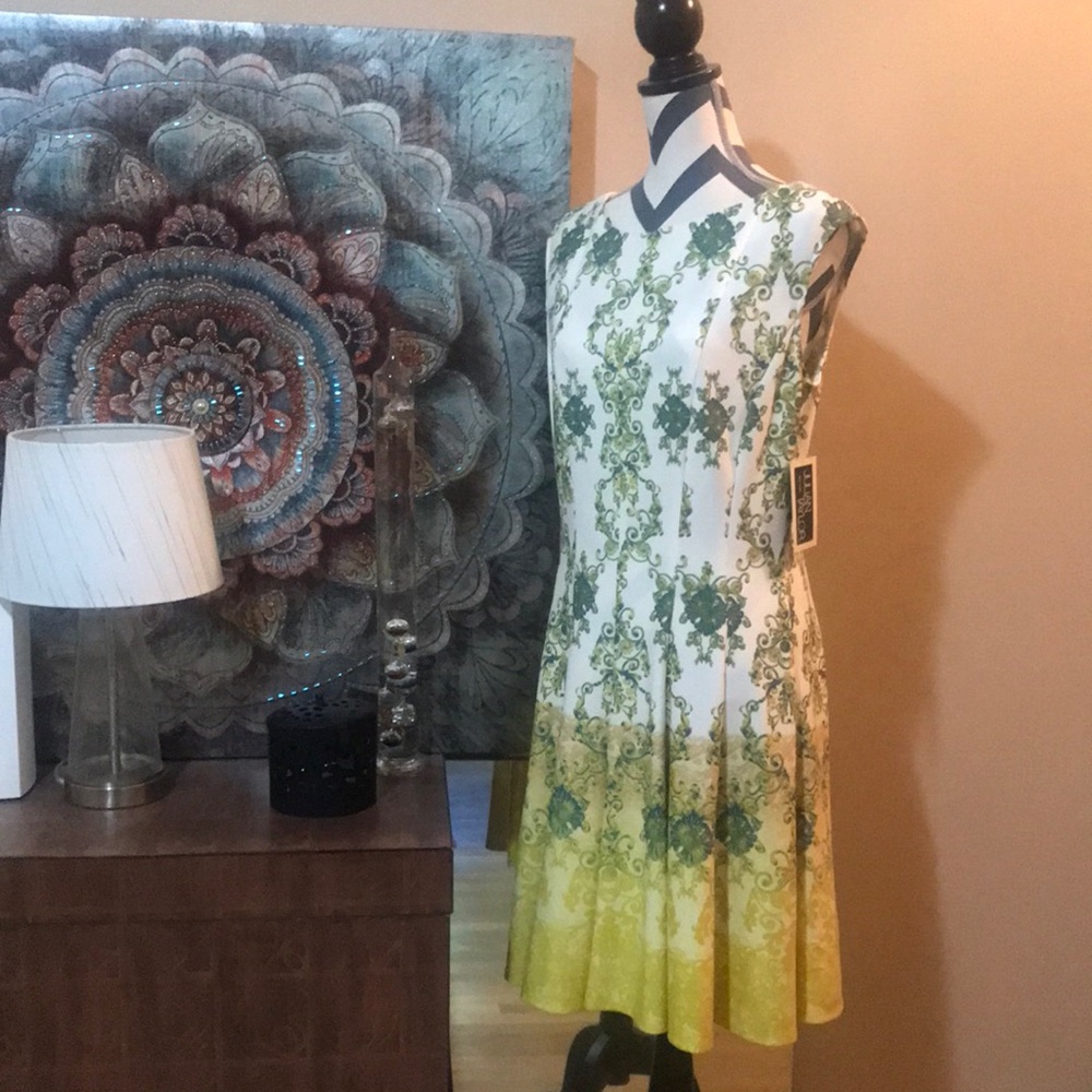 Golden Yellow green blue and white pleated dress